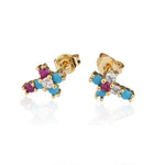 Brincos cruz com zircónias ouro multicolorido