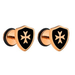 Brincos cruz de malta em metal ouro rosa