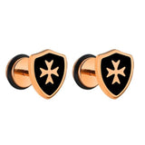 Brincos cruz de malta em metal ouro rosa