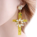 Brincos cruz estilo floral amarelo