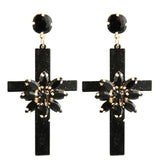 Brincos cruz estilo floral preto