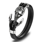 Pulseira âncora de couro caveira prata