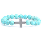 Pulseira com cruz e pérolas azul turquesa / 16 cm