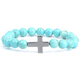 Pulseira com cruz e pérolas azul turquesa / 16 cm