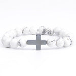 Pulseira com cruz e pérolas branco / 16 cm