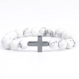 Pulseira com cruz e pérolas branco / 16 cm