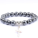 Pulseira com cruz e pérolas naturais hematite preta