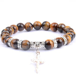 Pulseira com cruz e pérolas naturais olho do tigre