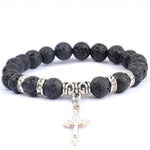 Pulseira com cruz e pérolas naturais pérola de lava preta
