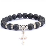 Pulseira com cruz e pérolas naturais pérola de lava preta