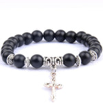 Pulseira com cruz e pérolas naturais preto mate