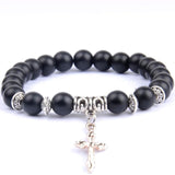 Pulseira com cruz e pérolas naturais preto mate