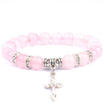 Pulseira com cruz e pérolas naturais quartzo rosa