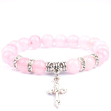Pulseira com cruz e pérolas naturais quartzo rosa