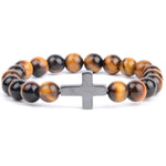 Pulseira com cruz e pérolas olho do tigre / 16 cm