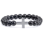 Pulseira com cruz e pérolas preto de alto brilho / 16 cm
