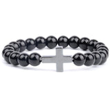Pulseira com cruz e pérolas preto de alto brilho / 16 cm