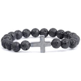Pulseira com cruz e pérolas rocha de lava / 16 cm