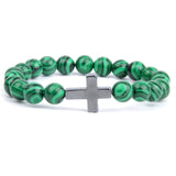 Pulseira com cruz e pérolas verde-esmeralda / 16 cm