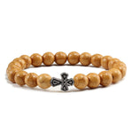 Pulseira com cruz pérolas de pedra castanho