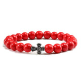 Pulseira com cruz pérolas de pedra vermelho