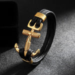 Pulseira couro com âncora dourada preto