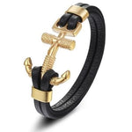 Pulseira couro com âncora dourada preto