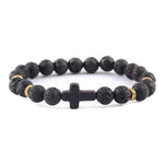 Pulseira cruz minimalista pedra de lava preta/dourada