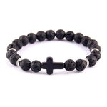 Pulseira cruz minimalista pedra de lava preta/prata