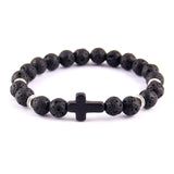 Pulseira cruz minimalista pedra de lava preta/prata