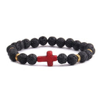 Pulseira cruz minimalista pedra de lava preta/vermelha cruz/ouro