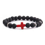 Pulseira cruz minimalista pedra de lava preta/vermelha cruz/prata