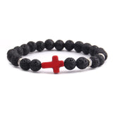 Pulseira cruz minimalista pedra de lava preta/vermelha cruz/prata