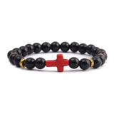 Pulseira cruz minimalista preto brilhante/vermelho cruzado/dourado