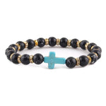 Pulseira de amazonita cristã cruz azul com efeito de quebra preta