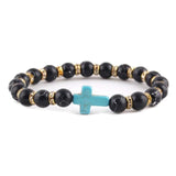Pulseira de amazonita cristã cruz azul com efeito de quebra preta
