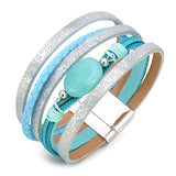 Pulseira de couro com pérola azul tamanho único