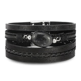 Pulseira de couro com pérola preta tamanho único