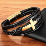 Pulseira de couro cruz dourada