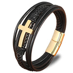 Pulseira de couro cruz dourada