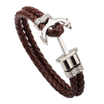 Pulseira de couro entrançado castanha com âncora