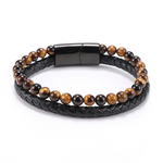 Pulseira de couro olho de tigre prata / 22,5 cm