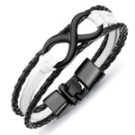 Pulseira infinito em couro entrançado preto e branco - prata