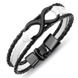 Pulseira infinito em couro entrançado preto e branco - prata