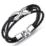 Pulseira infinito em couro entrançado preto - prateado