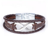 Pulseira moderna infinito em couro castanho prateado