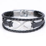 Pulseira moderna infinito em couro preto prateado