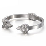 Pulseira rígida cabeça de lobo prata
