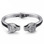 Pulseira rígida cabeça de lobo prateado e preto