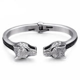 Pulseira rígida cabeça de lobo prateado e preto